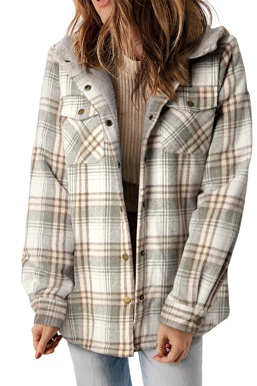 Plaid Pattern Sherpa Lined Hooded Shacket | Gray