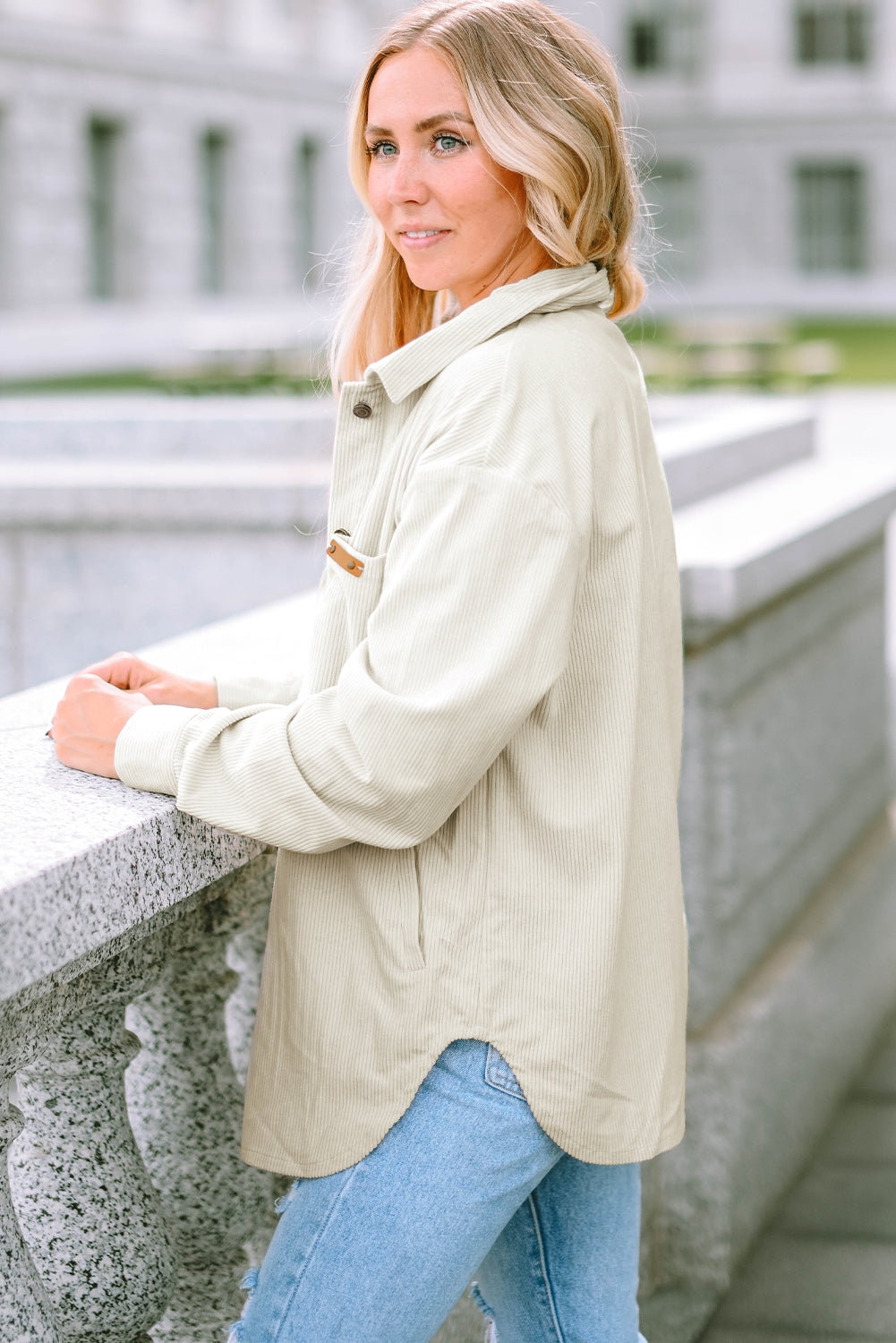 Corduroy Buttoned Front Pocketed Shacket | Beige