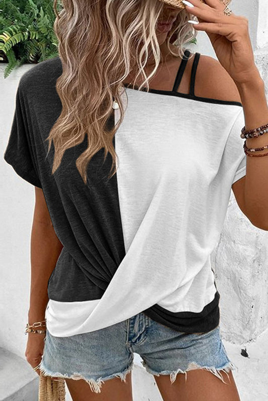 Black Asymmetric Colorblock Strappy Cold Shoulder Twist Hem Top