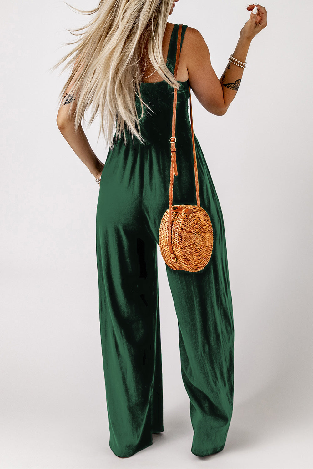 Smocked Sleeveless Wide Leg Jumpsuit With Pockets | Green