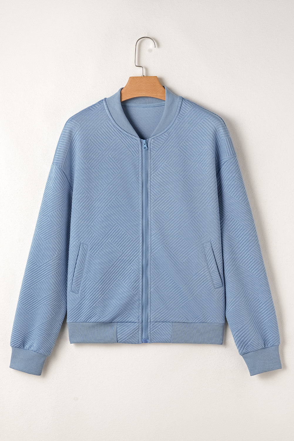 Solid Textured Stand Neck Zipper Bomber Jacket | Myosotis