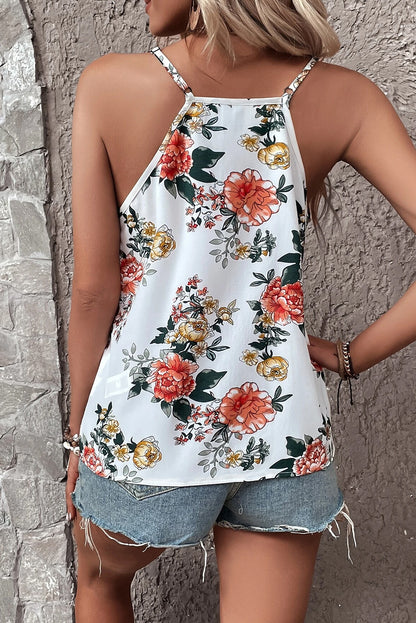 Floral Print Lace V Neck Tank Top | White