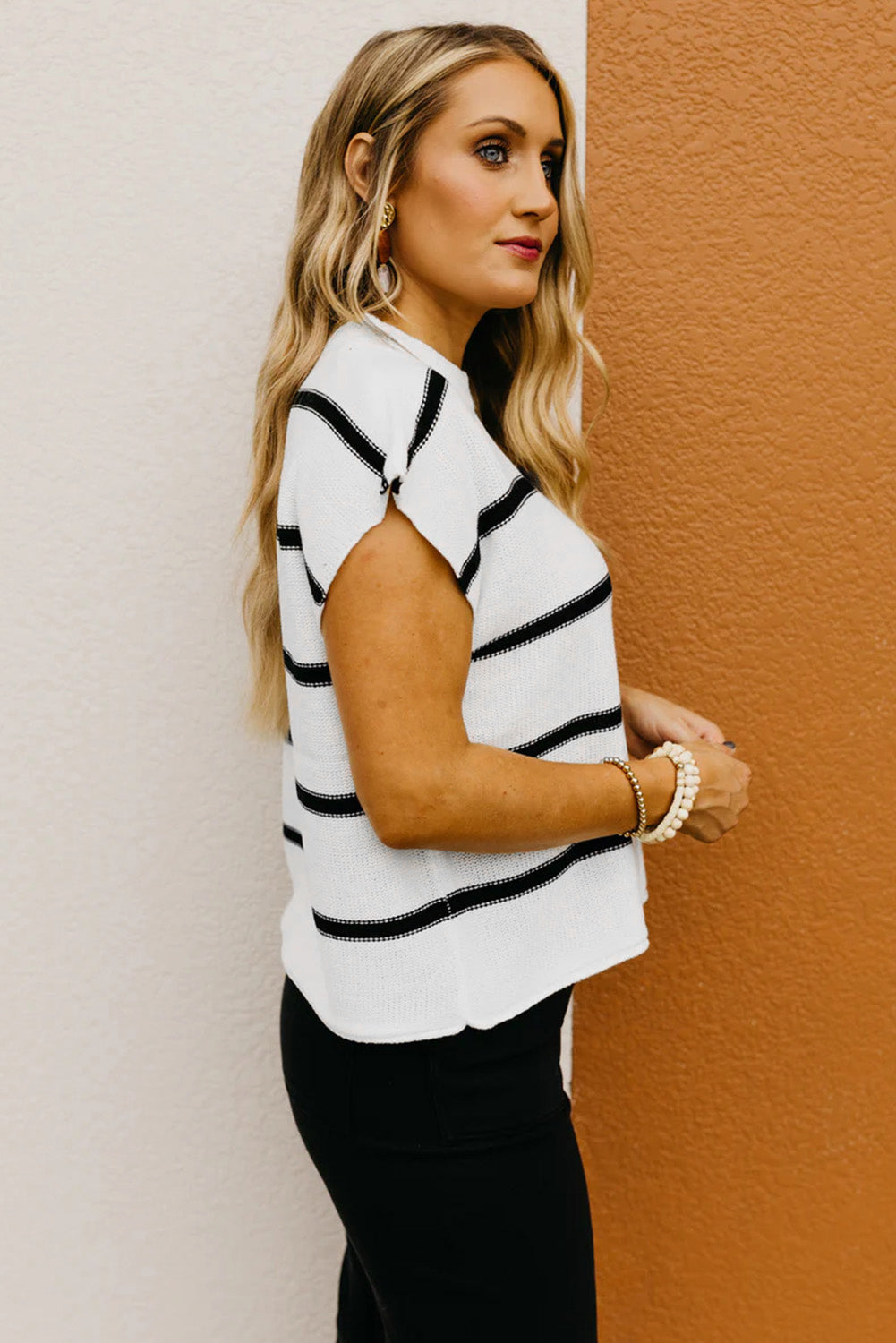 Striped Batwing Sleeve Sweater Tee | White