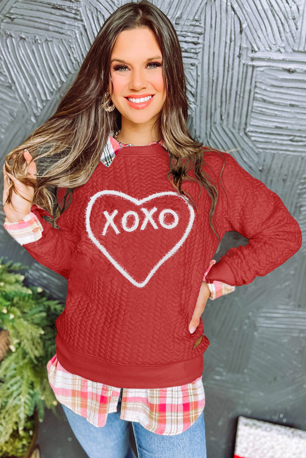 Heart Xoxo Chenille Embroidered Textured Sweatshirt | Racing Red