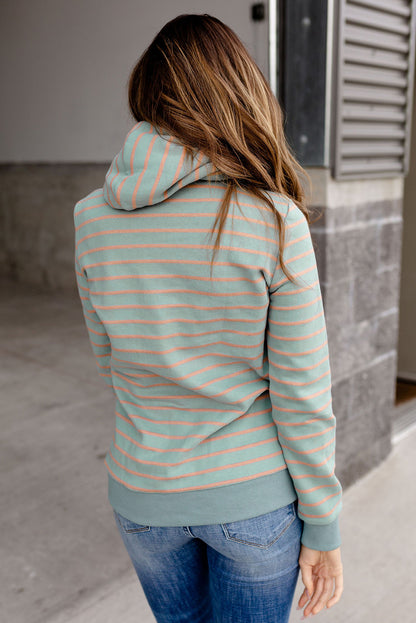 Striped Turtleneck Hoodie With Pocket | Green