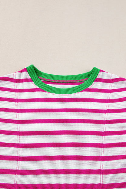 Contrast Trim Crew Neck Loose Short Sleeve Top | Rose Stripe