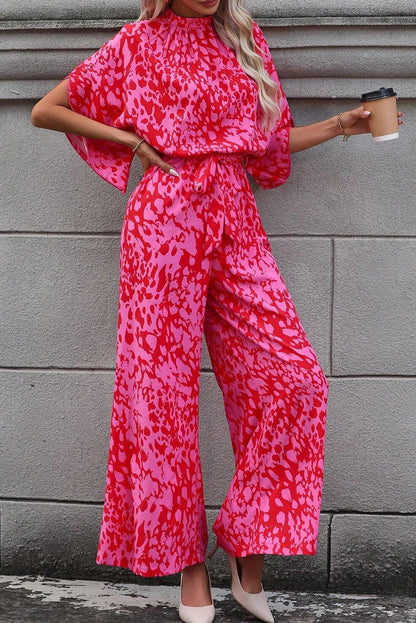 Leopard Loose Sleeve Belted Wide Leg Jumpsuit | Rose