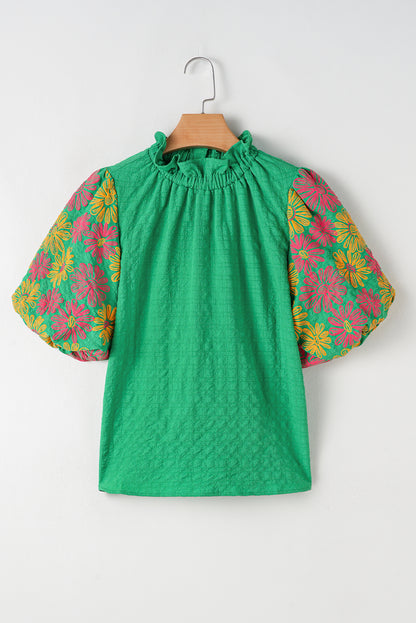 Floral Puff Short Sleeve Ruffled Collar Button Back Top | Bright Green