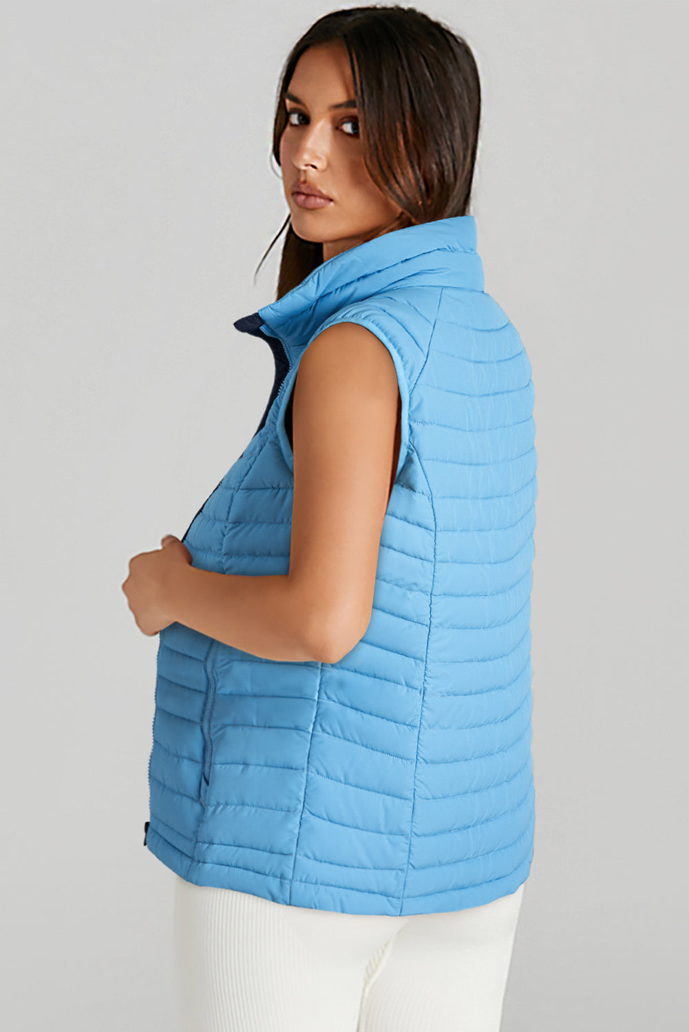 Plush Collared Quilted Zipped Puffer Vest | Sky Blue