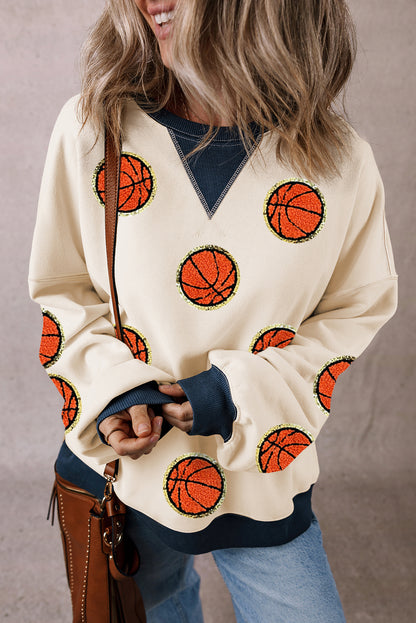 Game Day Basketball Pattern Colour Block Oversized Sweatshirt | White