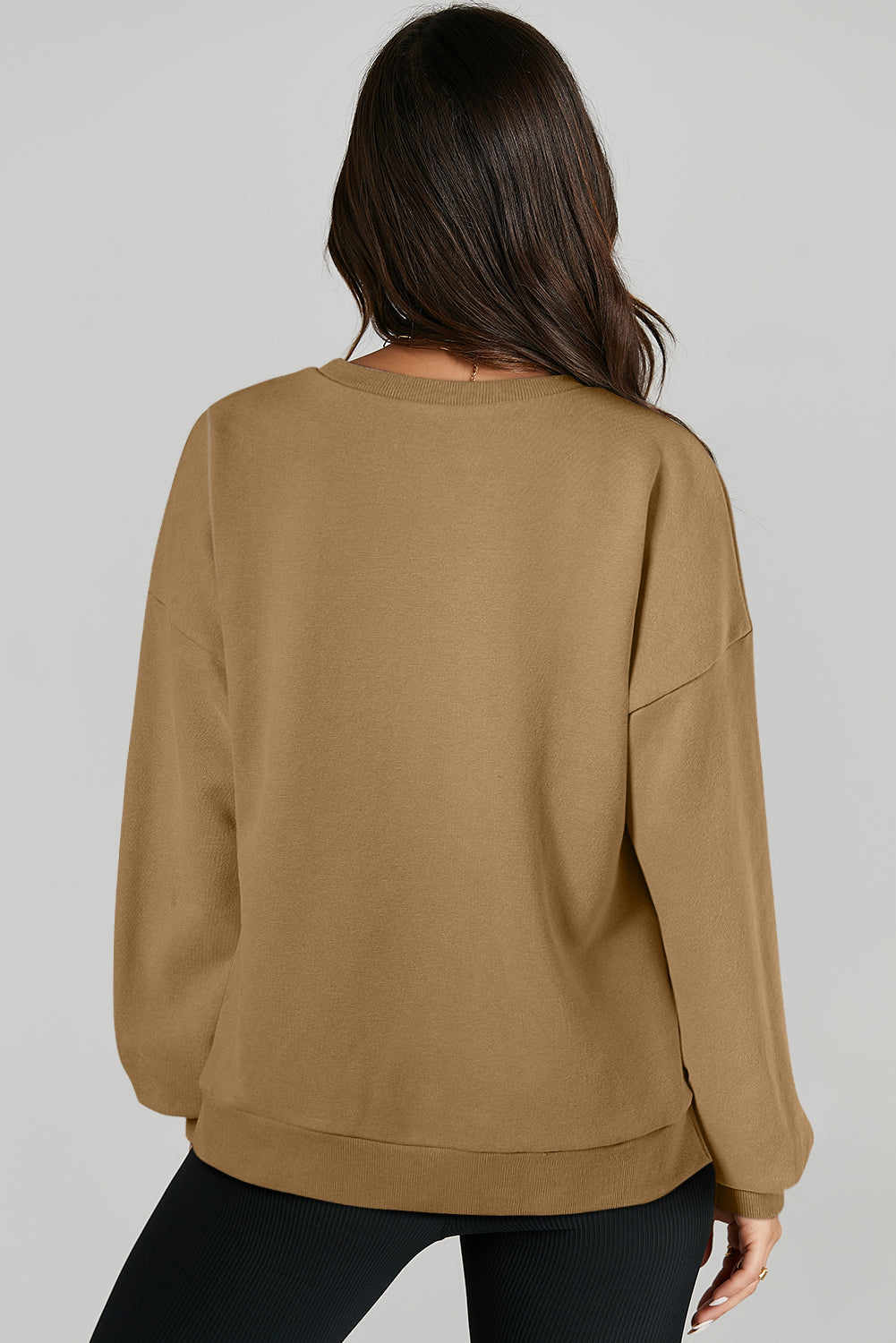 Solid O Neck High Low Hem Pullover Sweatshirt | Brown