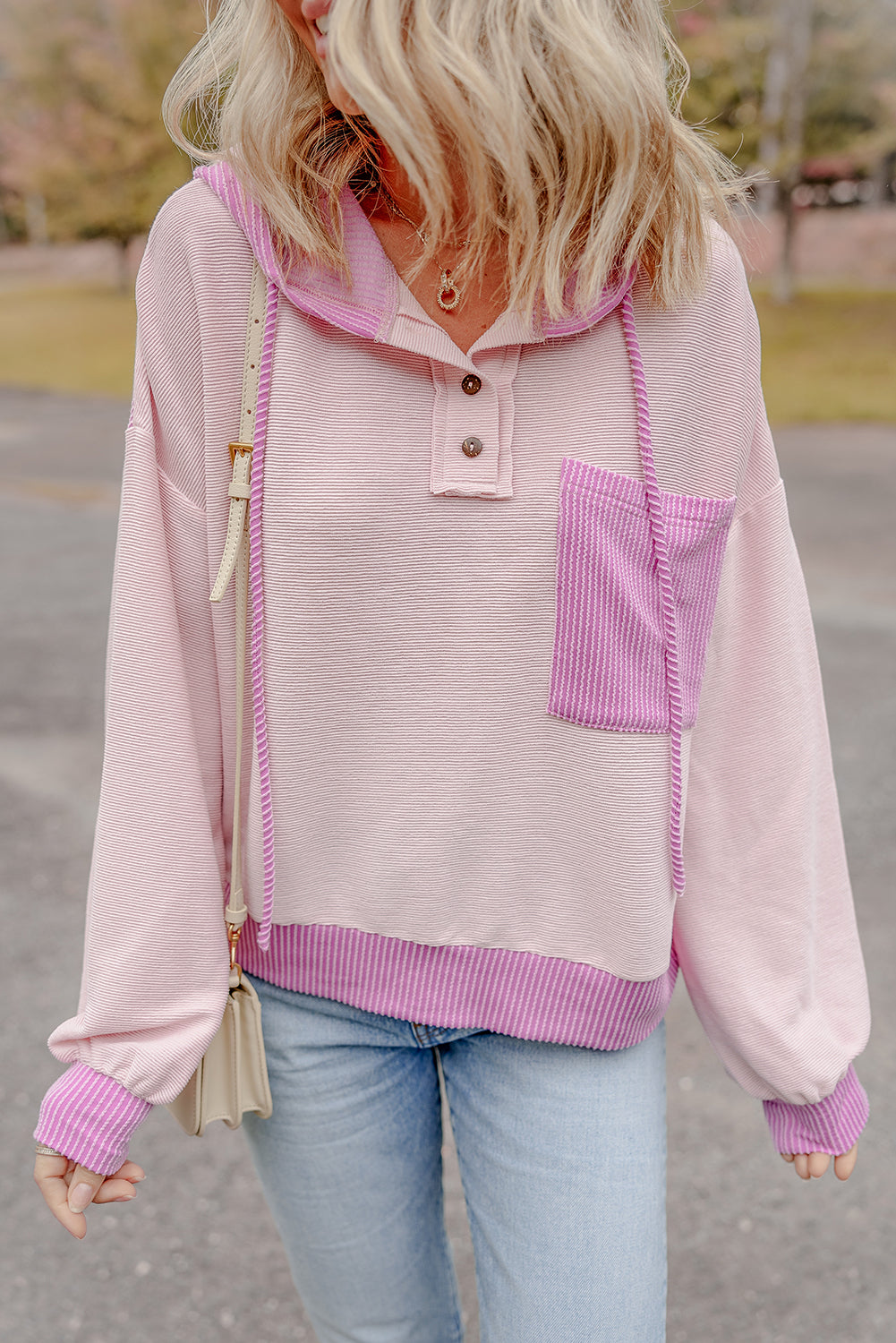 Corded Colourblock Patch Pocket Drawstring Hooded Top | Light Pink