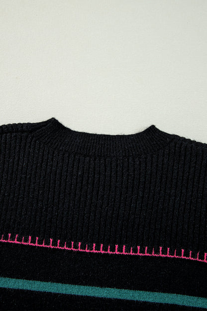 Colourful Striped Ribbed Trim Sweater | Black