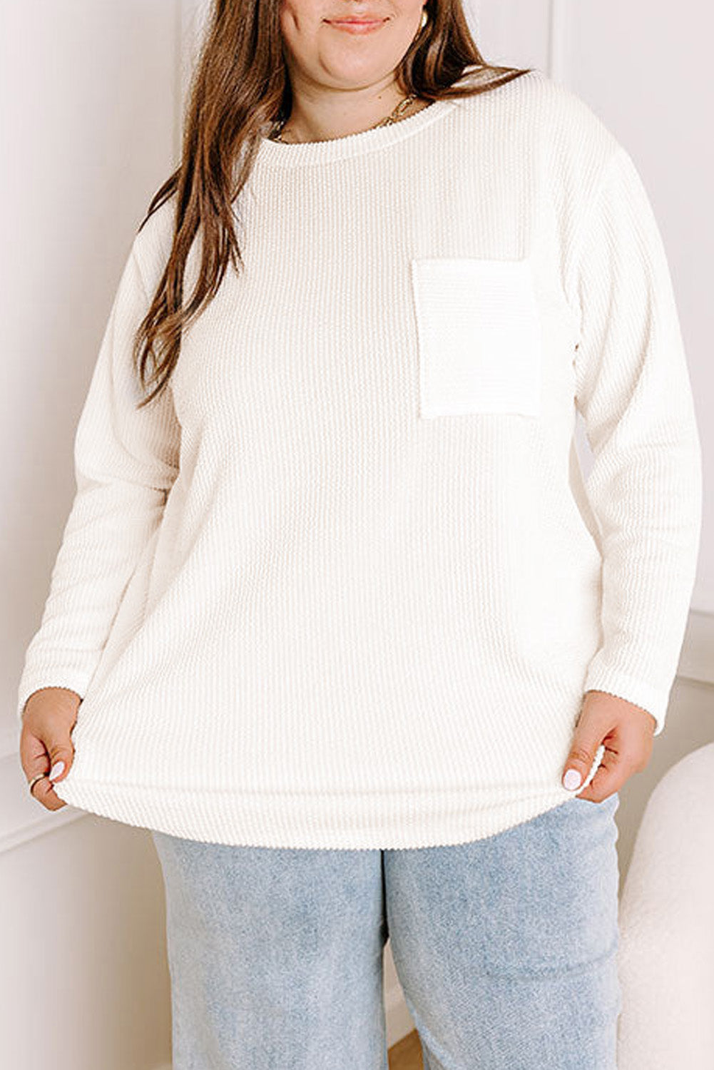 Plus Size Ribbed Textured Long Sleeve T Shirt | White