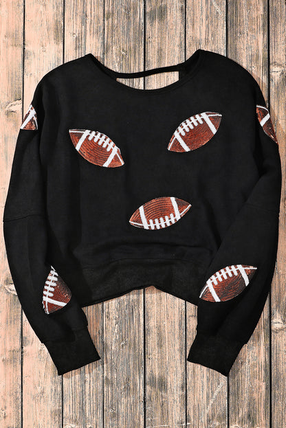 Sequined Rugby Football Graphic Open Back Sweatshirt | Black