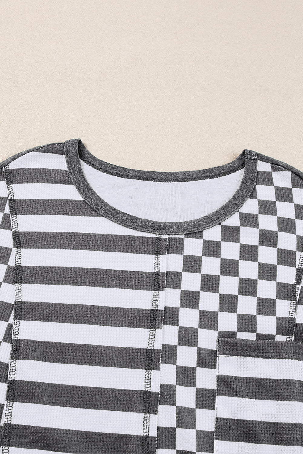 Dark Grey Checkerboard Striped Patchwork Lantern Sleeve Pocketed Blouse | Black