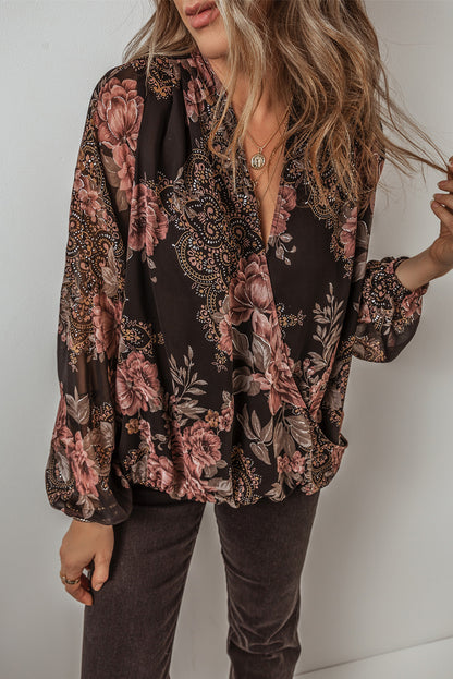 Floral Print Criss Cross V Neck Balloon Sleeve Blouse | Black