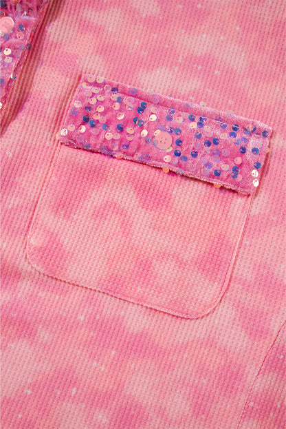 Mineral Wash Sequin Patchwork Flap Pocket Shacket | Apricot Pink