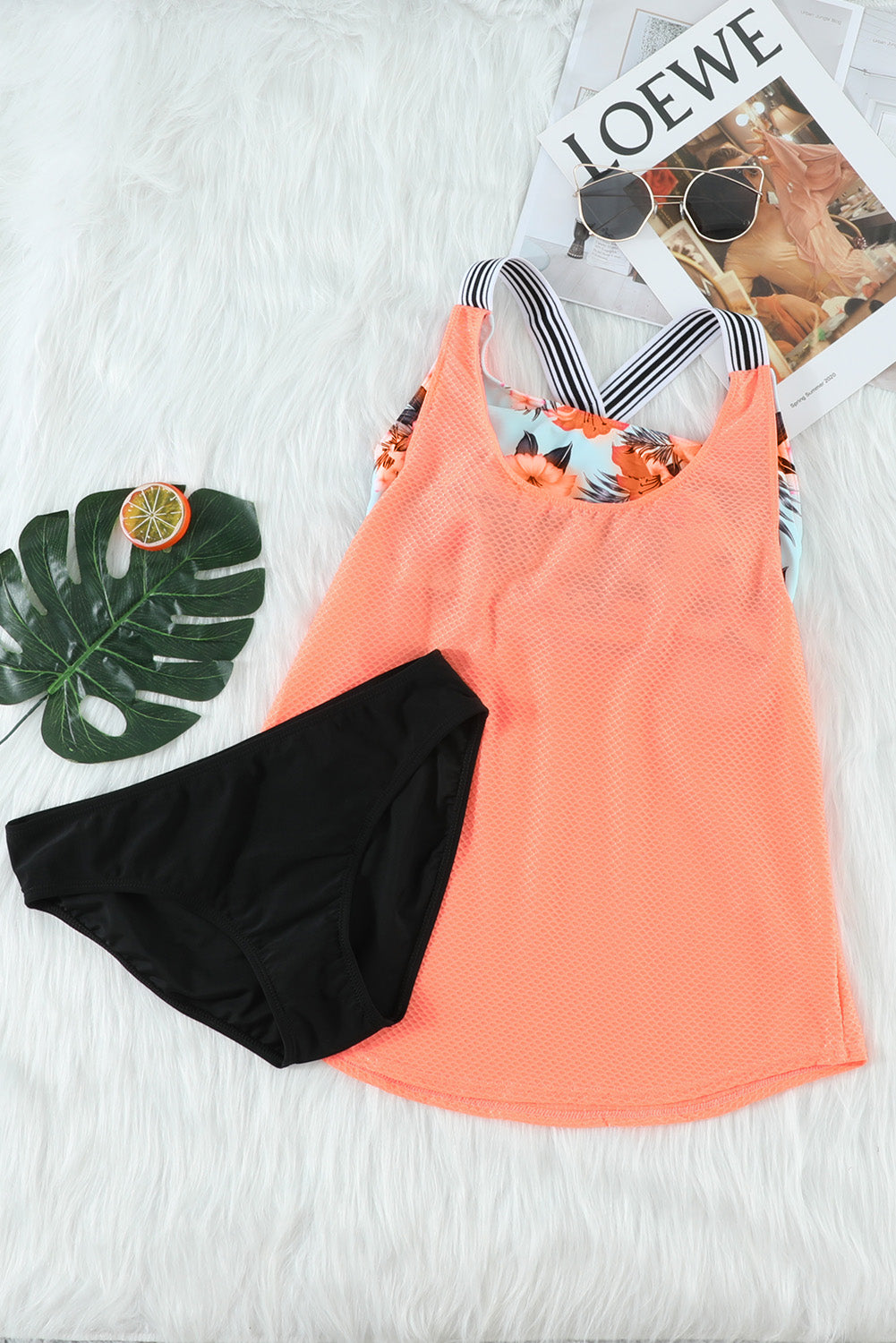 Printed Splicing Racerback Tankini | Orange