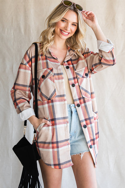 Chest Pockets Buttoned Oversized Plaid Shacket | Khaki