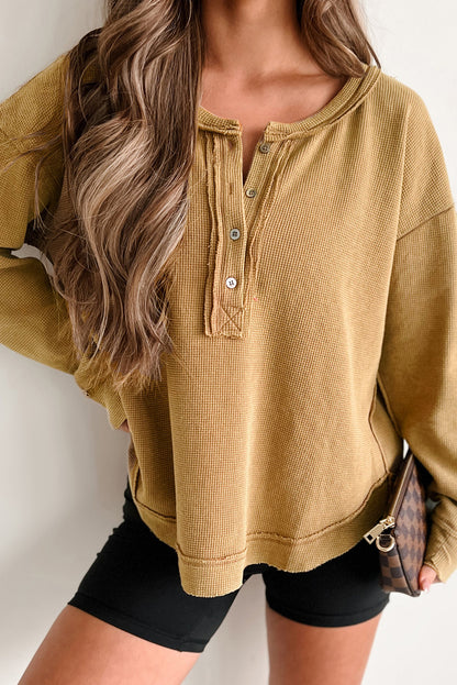 Textured Knit Half Button Drop Shoulder Oversized Top | Camel