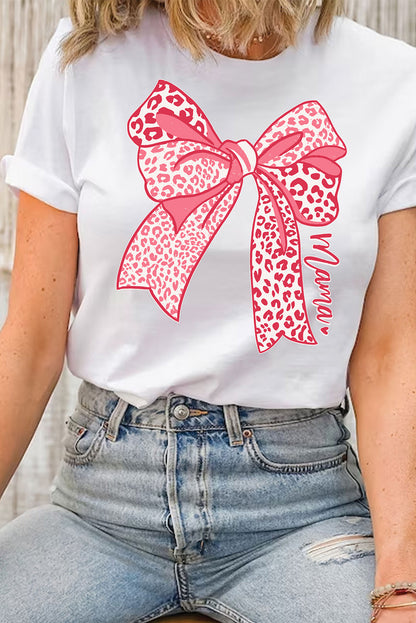 Leopard Bow Graphic Mothers Day Fashion T Shirt | White