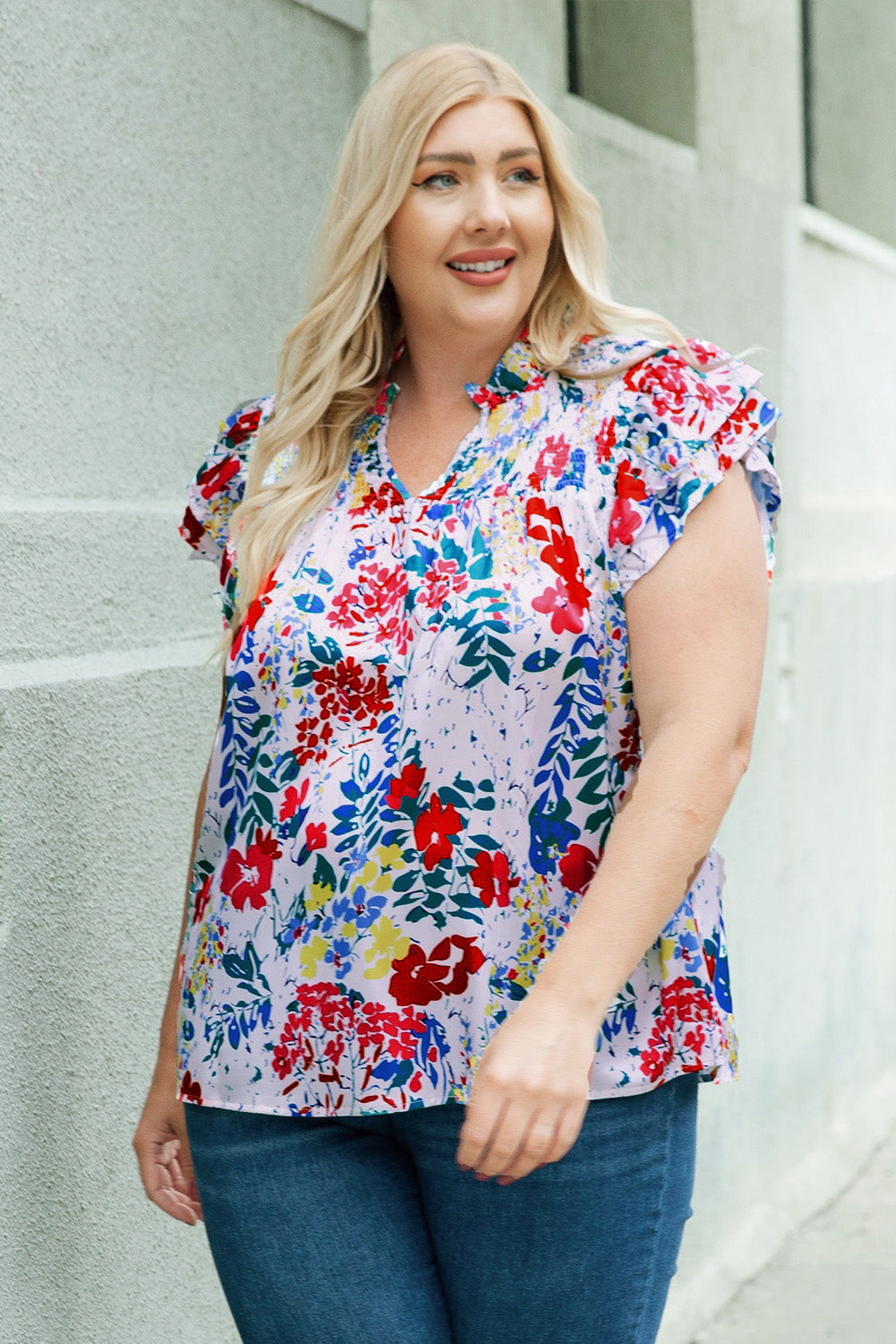 Fiery  Plus Floral Print Ruffle Cap Sleeve V Neck Blouse | Red