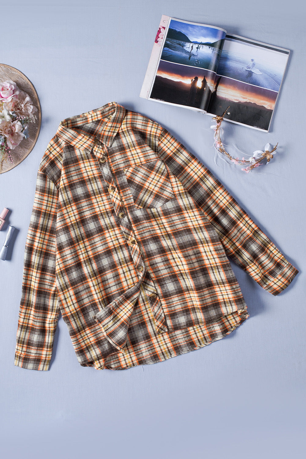 Plaid Print Button Long Sleeve Plus Size Shirt Coat | Apricot