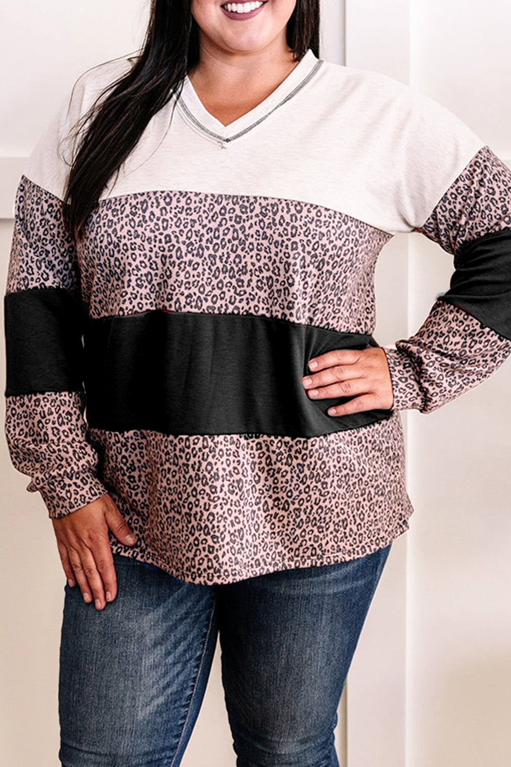 Leopard Print Colourblock V Neck Long Sleeve Plus Size Top | Black