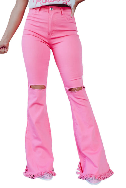 Vintage High Waist Flare Leg Ripped Raw Hem Jeans | Pink