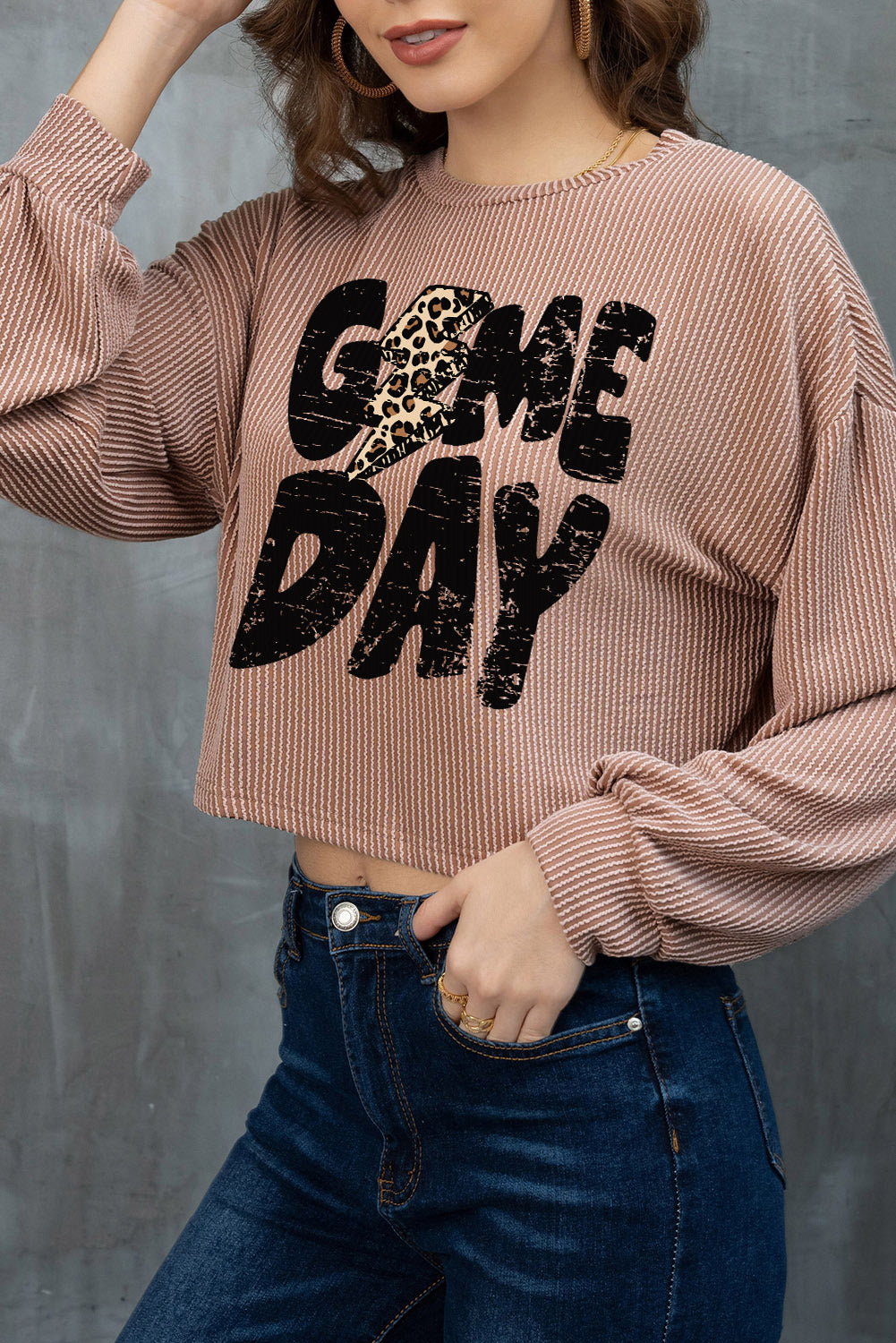 Game Day Graphic Crop Rugby Football Corded Knit Top | Khaki