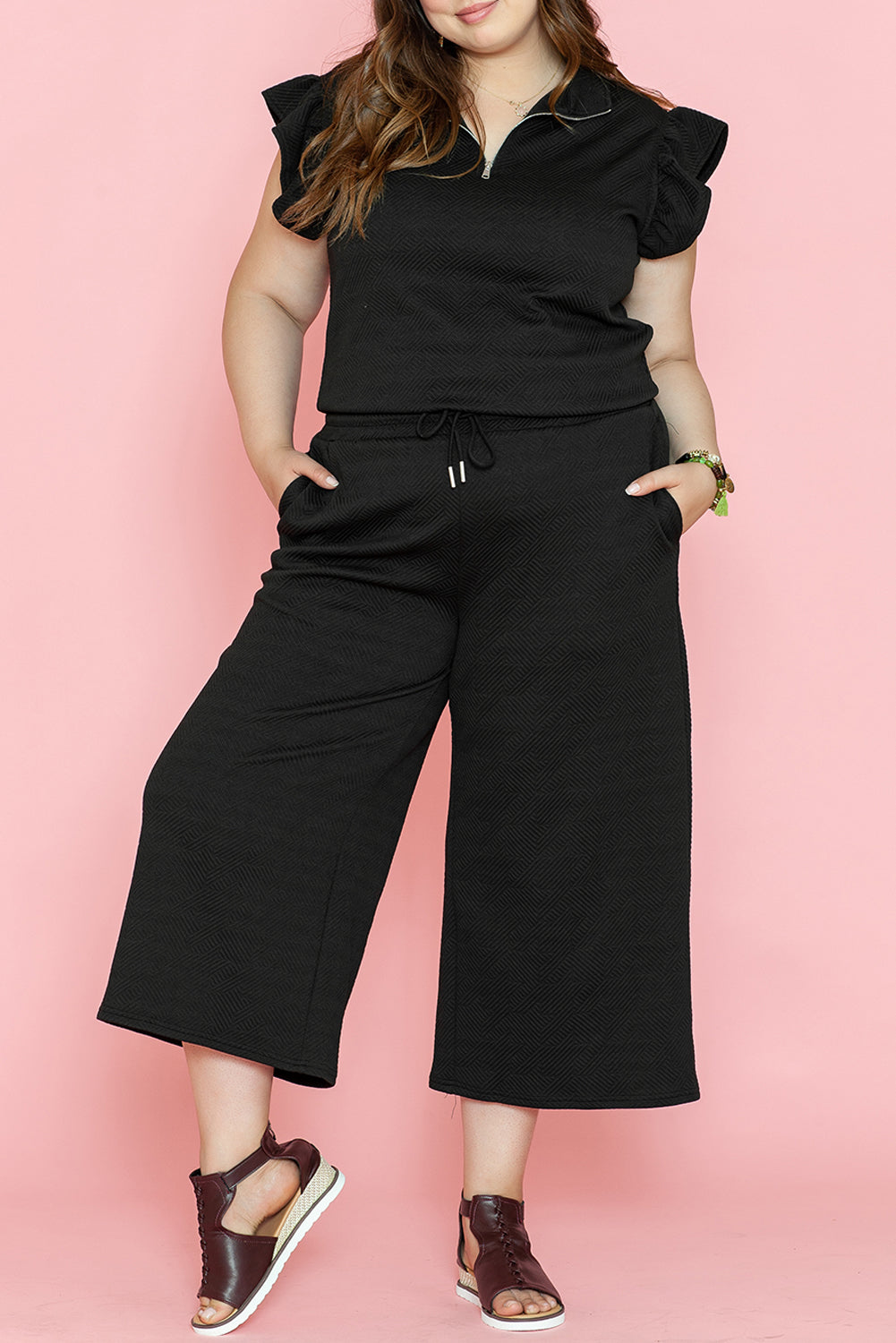 Plus Ruffled Sleeve Quarter Zip Top Wide Leg Pants Set | Black