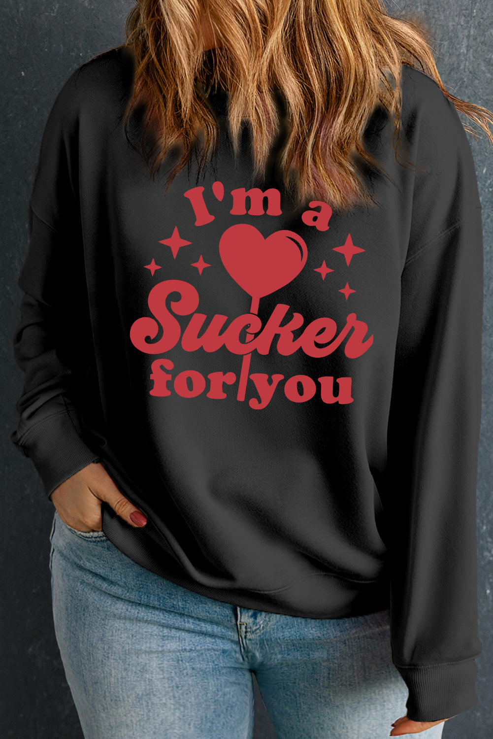 Black Im a Sucker for you Valentines Slogan Graphic Plus Size Sweatshirt