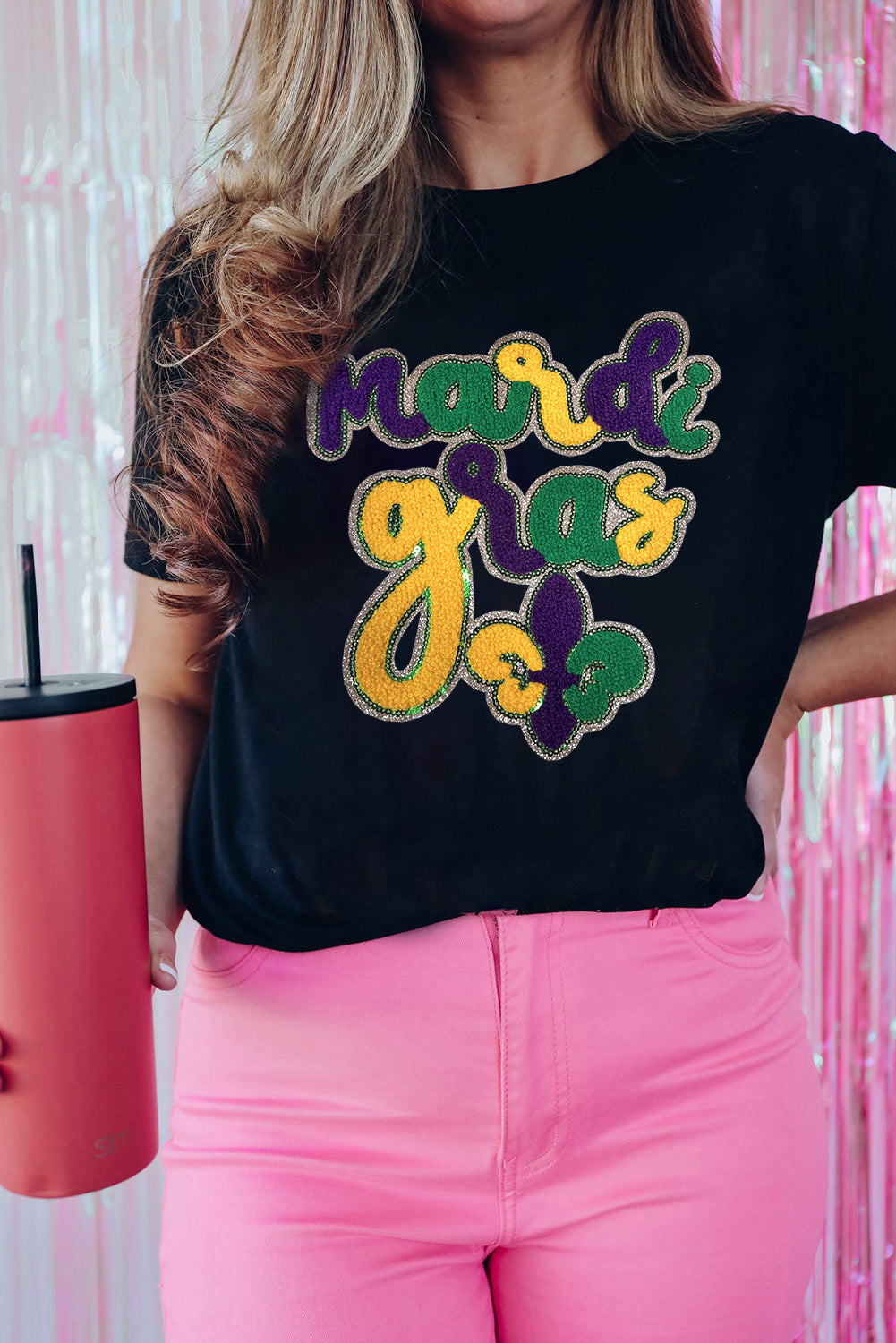 Black Chenille Mardi Gras Letter Graphic Tee