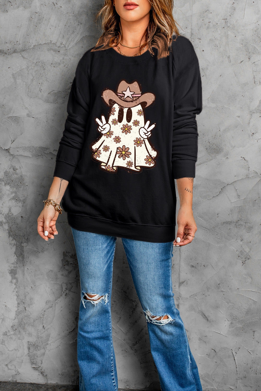 Halloween Floral Ghost Print Pullover Graphic Sweatshirt | Black