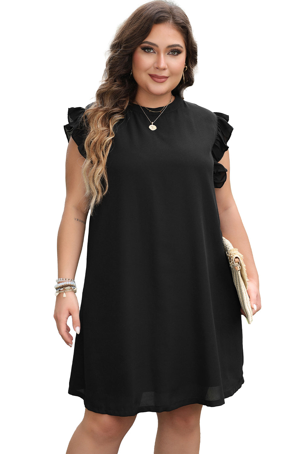 Keyhole Back Ruffled Plus Shift Dress | Black