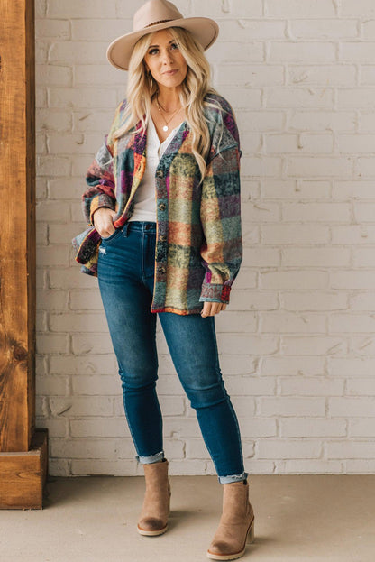 Brushed Checked Western Buttoned Jacket | Multicolour