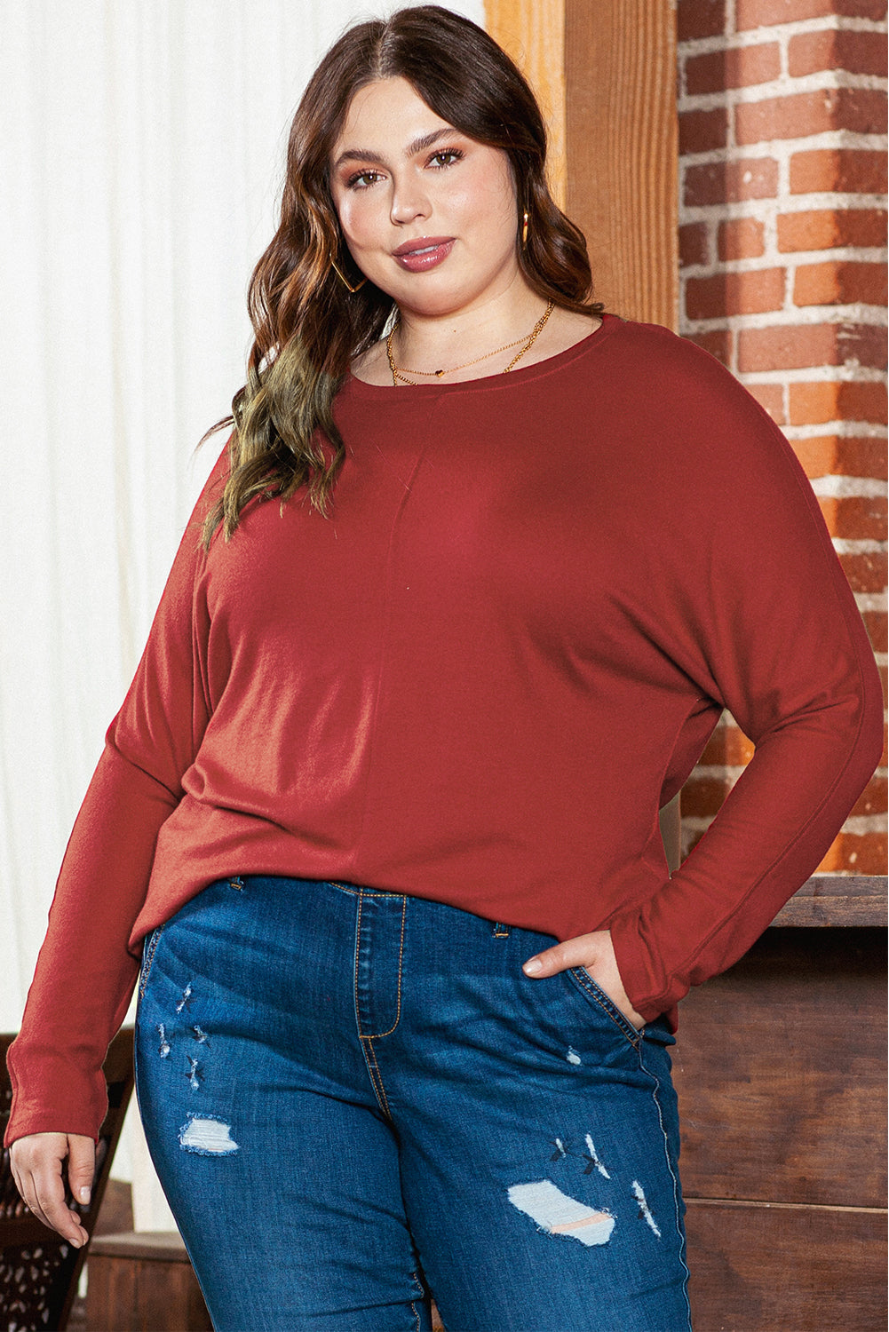 Piping Detail Plus Size Long Sleeve Top | Red Dahlia