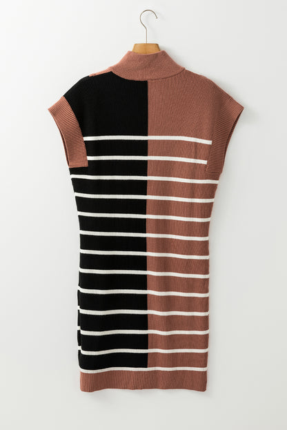 Colour Block Quarter Zip Collar Short Sleeve Sweater Dress | Black Stripe