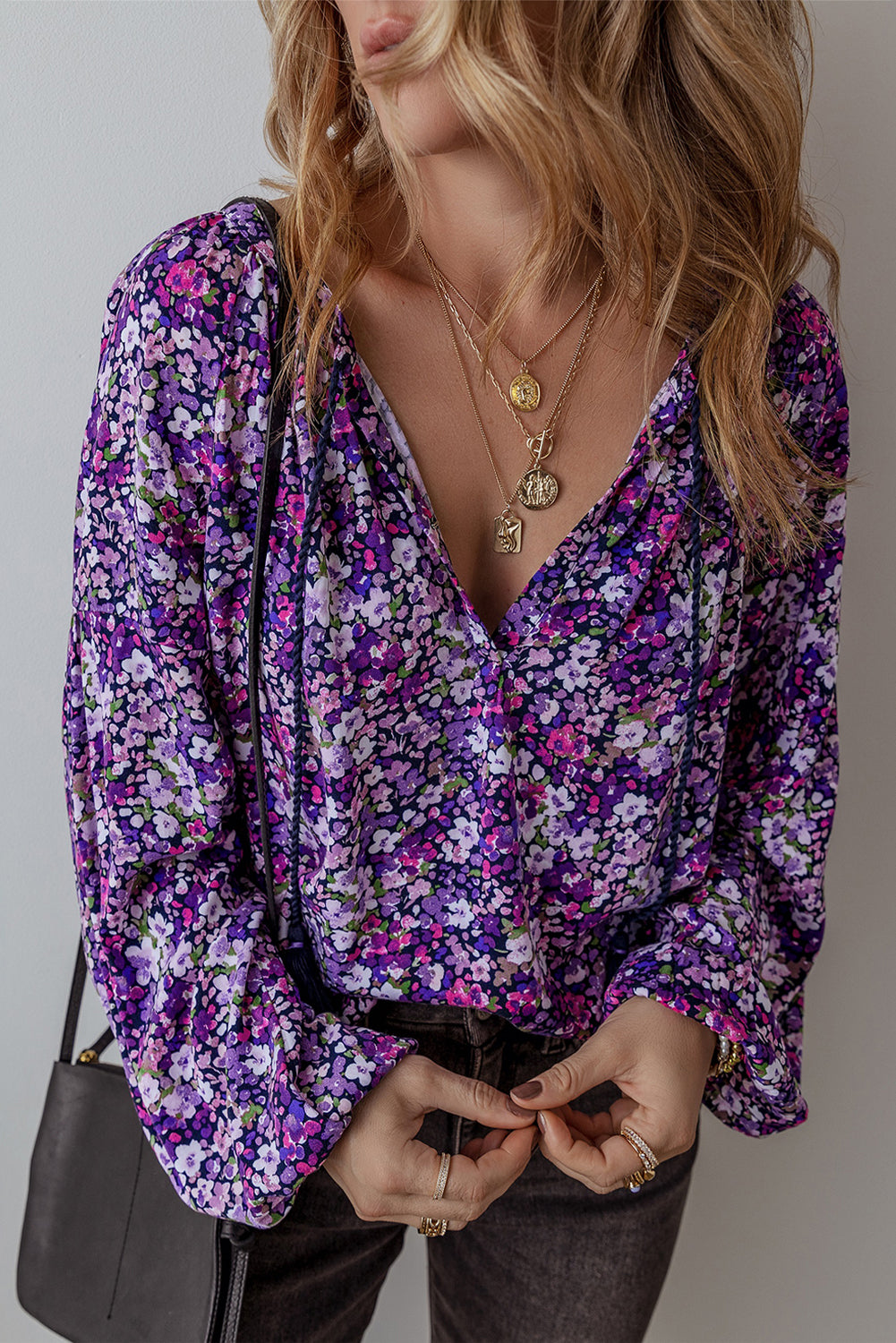 Boho Flower Split V Neck Bubble Sleeve Blouse | Purple