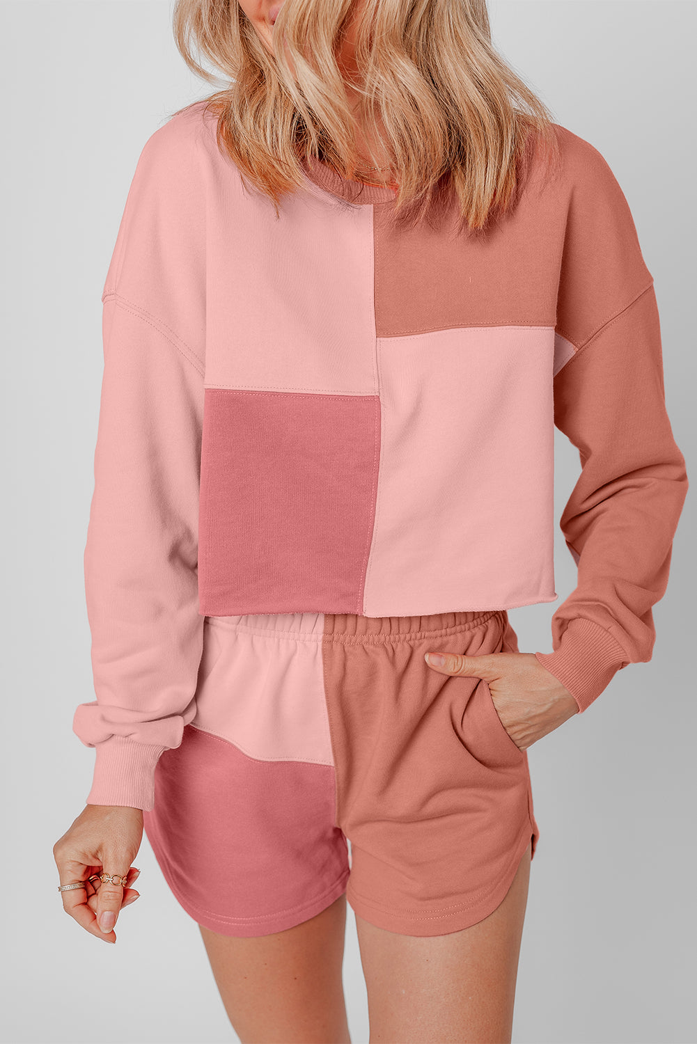 Colourblock Patchwork Long Sleeve Shorts Outfit | Peach Blossom