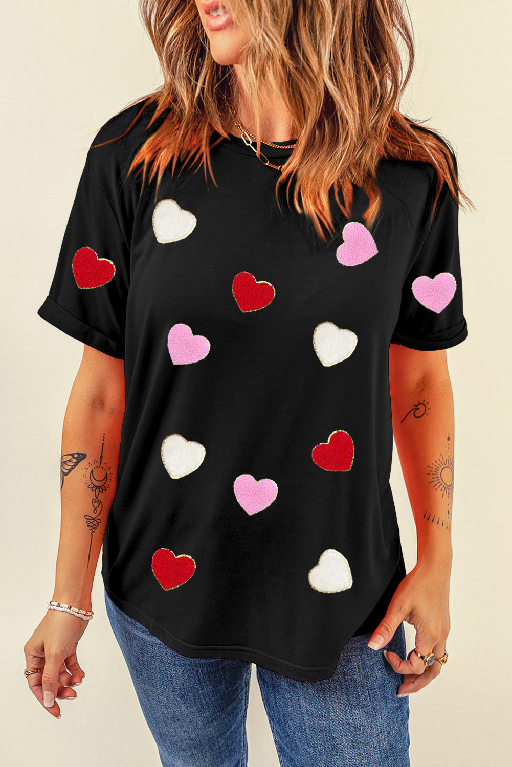 Valentines Chenille Heart Patched Pattern Crewneck Tee | Black