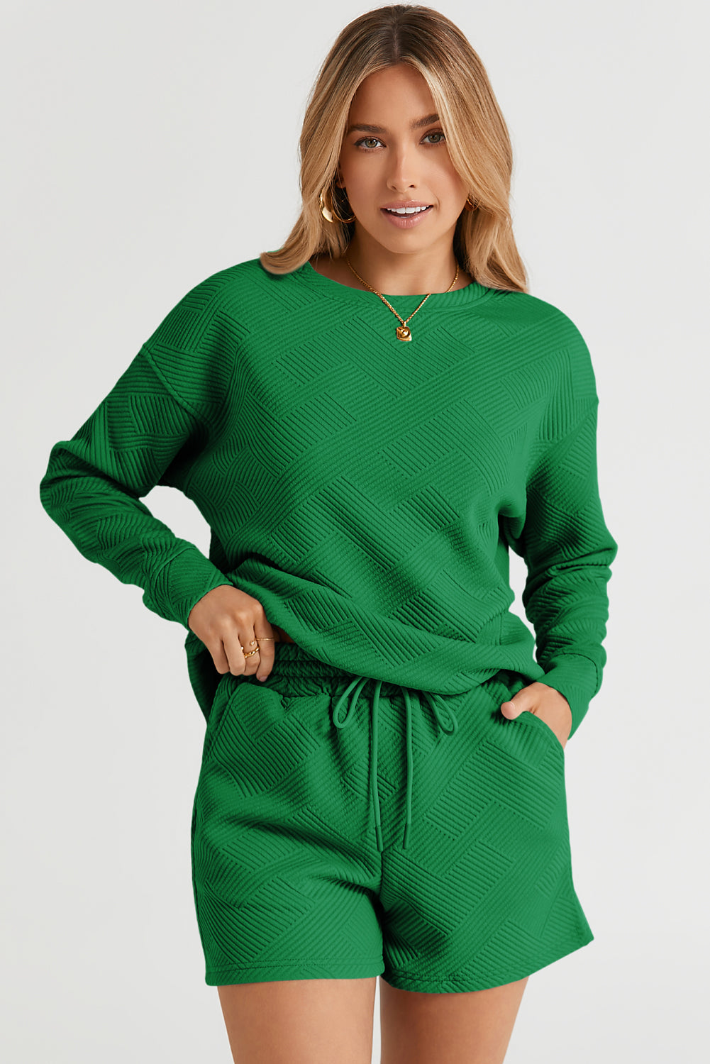 Textured Long Sleeve Top And Drawstring Shorts Set | Green