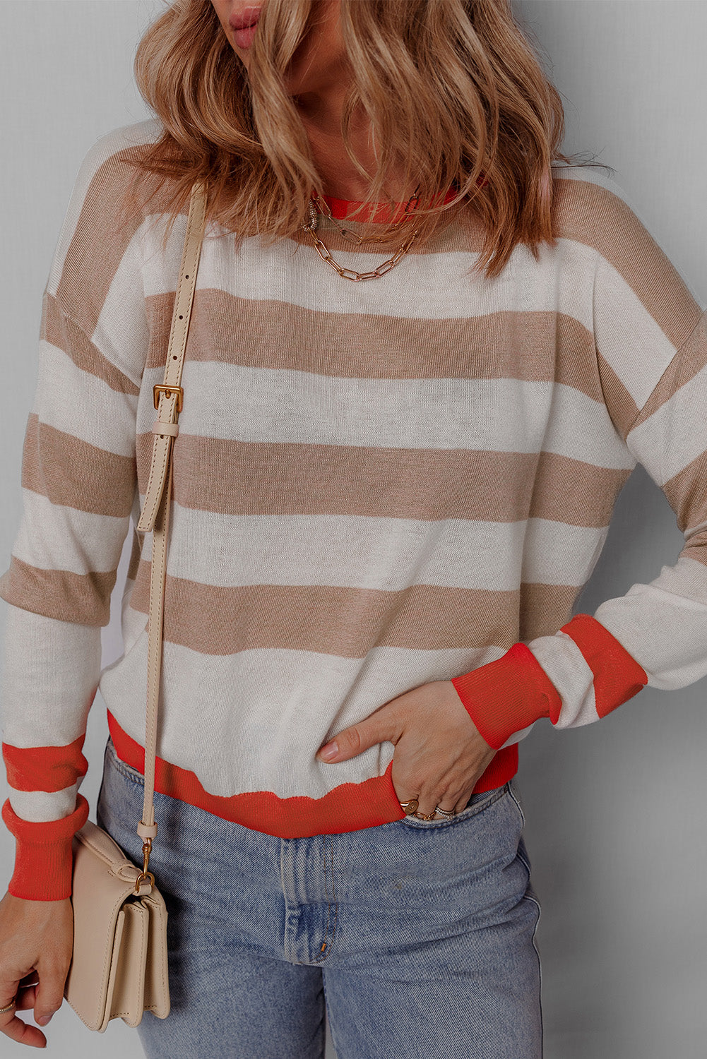 Colourblock Striped Round Neck Drop Shoulder Sweater | Apricot