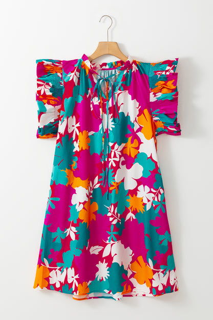 Floral Tie Split Neck Flutter Sleeve Mini Dress | Multicolour