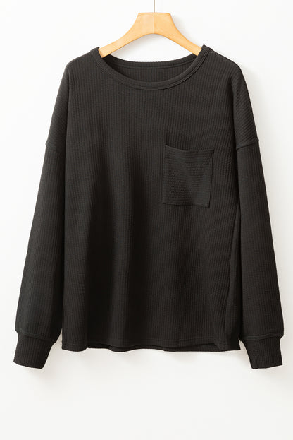 Solid Colour Corded Drop Shoulder Long Sleeve Top | Black