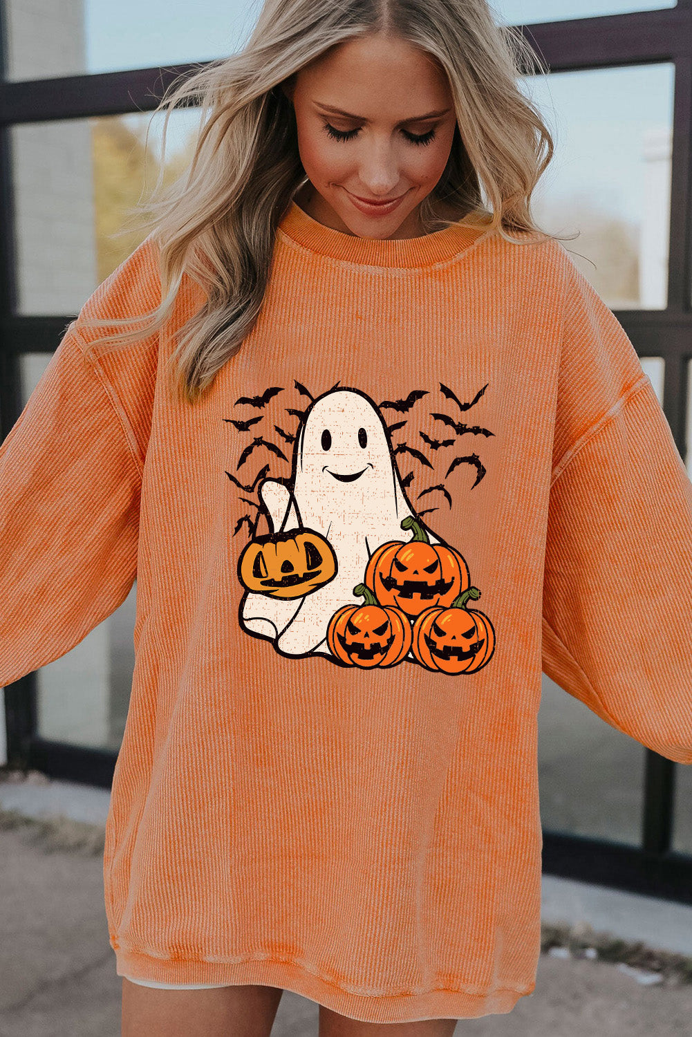 Halloween Ghost Pumpkin Bat Print Corded Pullover Sweatshirt | Orange