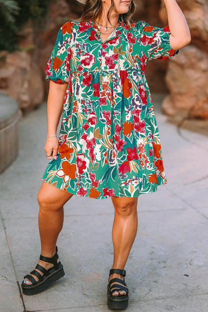 Plus Size Floral Print Puff Sleeve Tie Neck Babydoll Dress | Sky Blue