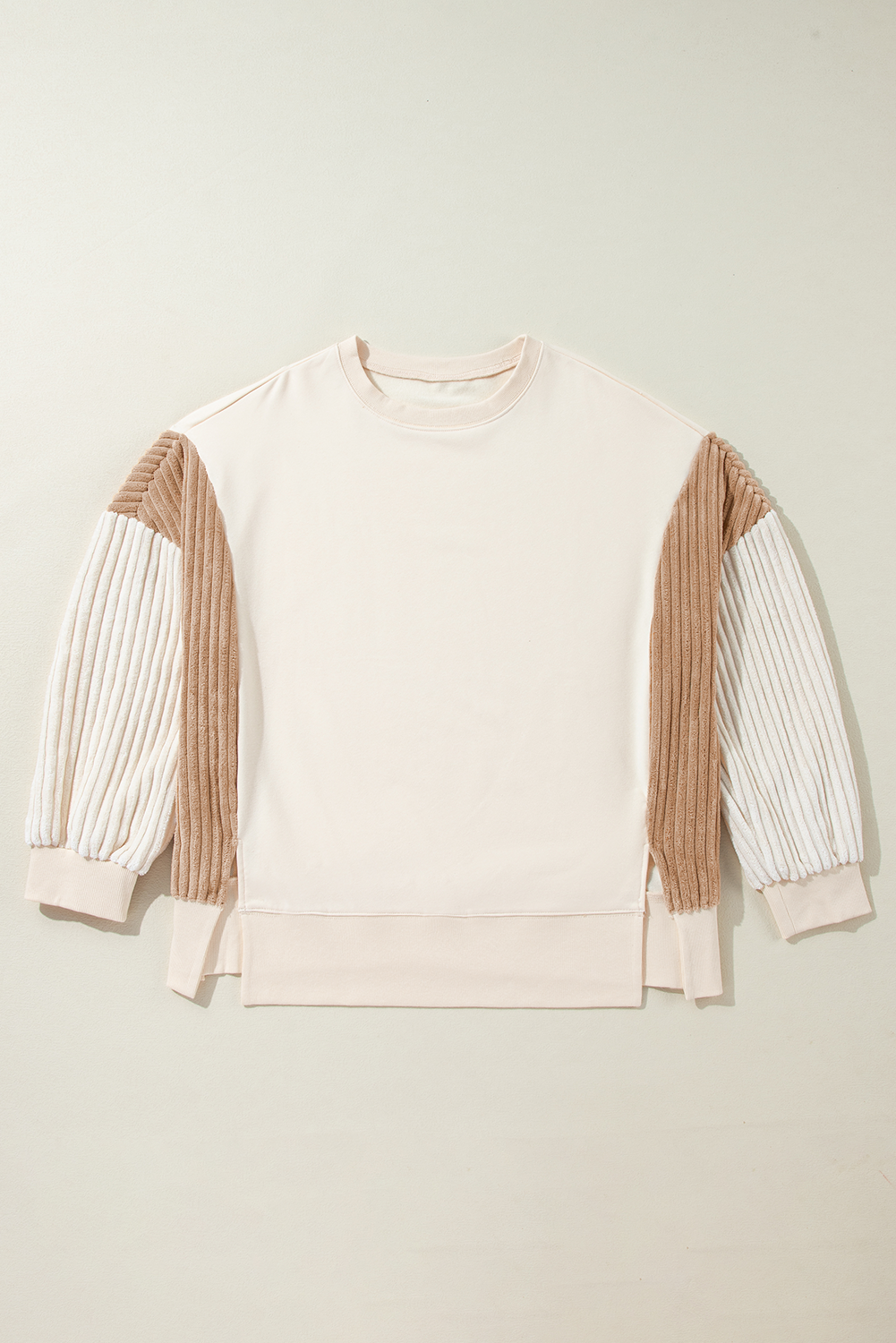 Corduroy Patchwork Drop Shoulder Long Sleeve Sweatshirt | Apricot