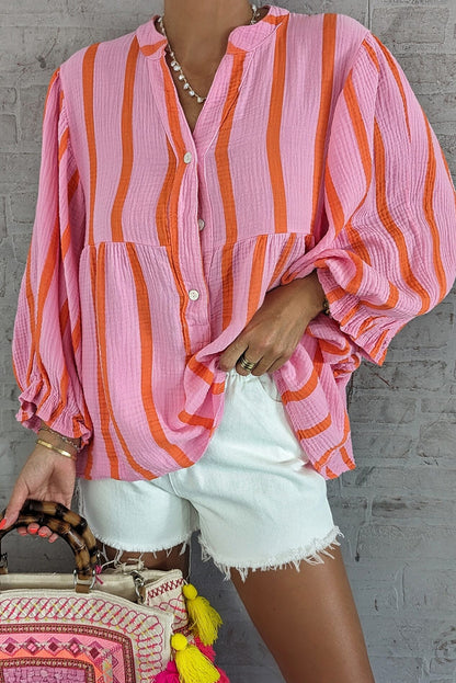 Crinckled Ruffled Sleeve Button Up Loose Shirt | Orange Stripe